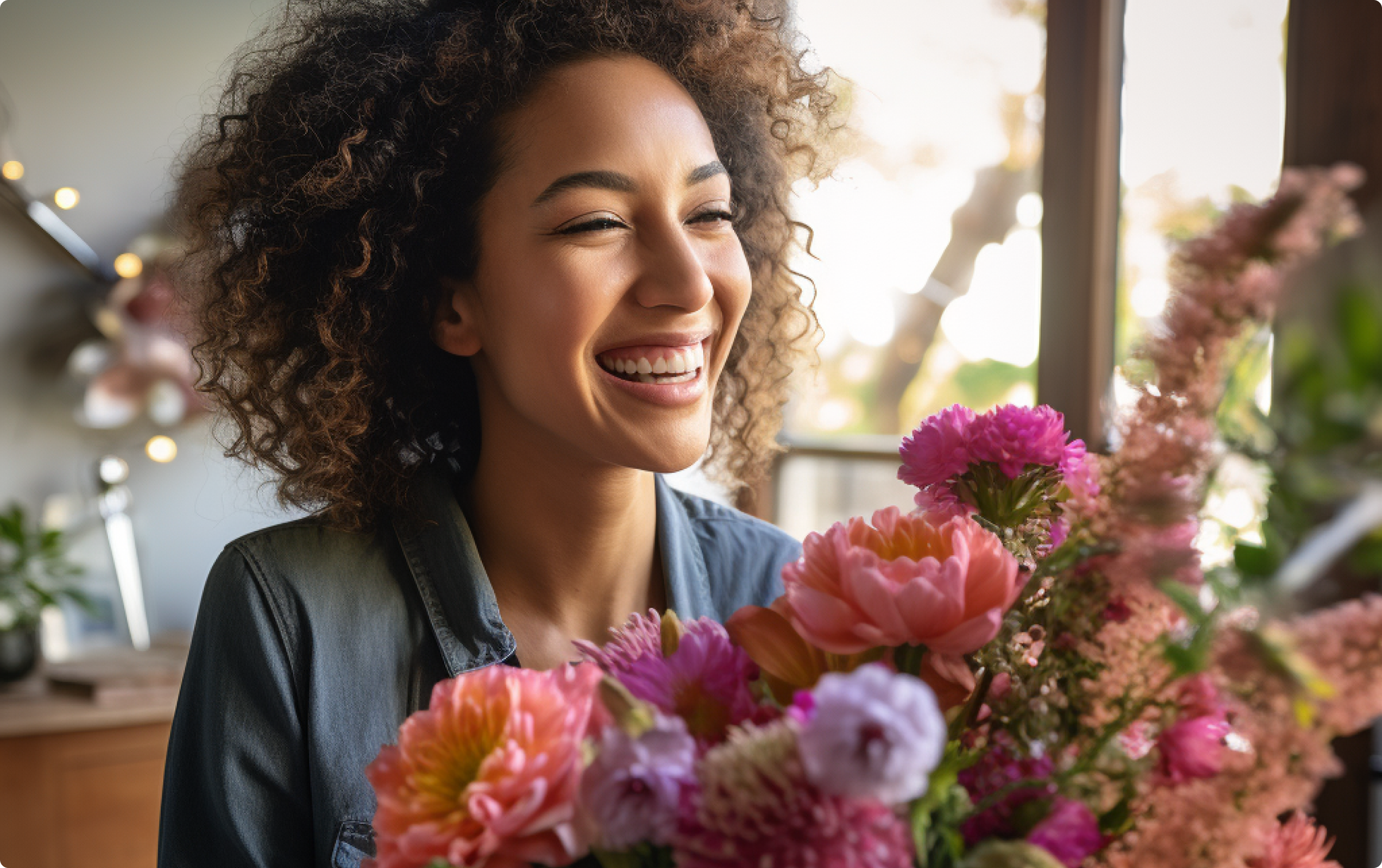 Mujer feliz recibiendo flores